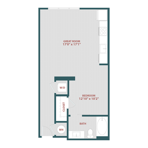Floor plan for studio, 1 bath, 601 sqft